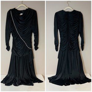 Vintage 1980s Black Ruched Rhinestone Long Sleeve Formal Evening Dress